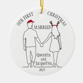 Adorno De Cerámica Nuestra primera Navidad se casó con Santa Hat y An
