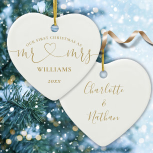 Adorno De Cerámica Nuestra primera Navidad Sr. Mrs Gold Love Heart Sc