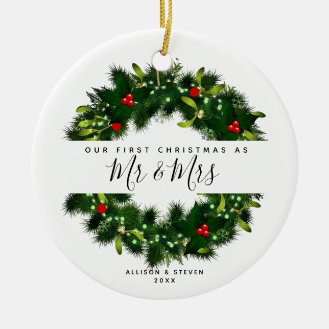 Adorno De Cerámica Nuestra Primera Navidad Sr. Y Sra. Boda Monogramme (Frente)