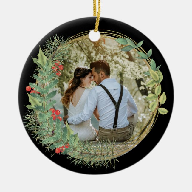 Adorno De Cerámica Nuestra primera Navidad Sr. y Sra. Photo (Frente)