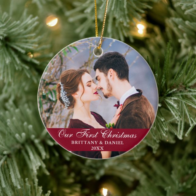 Adorno De Cerámica Nuestra primera pareja de navidad foto Borgoña (Árbol)
