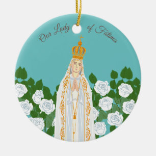 Adorno De Cerámica Nuestra Señora de Fátima y rosas blancas