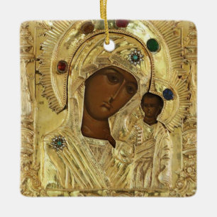 Adorno De Cerámica Nuestra Señora de Kazan Theotokos y el Niño Jesús 