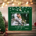 Adorno De Cerámica Nuestras primeras luces de Navidad comprometidas f<br><div class="desc">Nieve sobre nuestra primera Navidad Comprometida Doble cara Foto Ornamento Verde - Fotos frontales y traseras,  Nombres en la parte posterior - Luces de cadena</div>