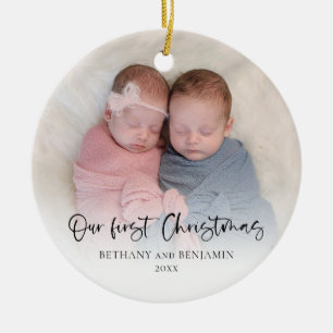 Adorno De Cerámica Nuestro Primer Navidad 2 Fotos Script Gemelo Bebe