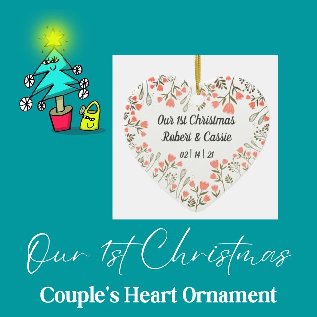 Adorno De Cerámica Nuestro primer Navidad Boda personalizado (Personalized Couple's Heart Ornament)