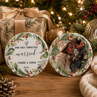 Adorno De Cerámica Nuestro Primer Navidad Casados Foto Pareja Corona