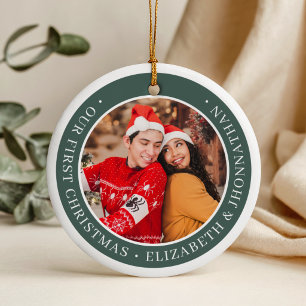 Adorno De Cerámica Nuestro Primer Navidad Pareja Fotos Verde Moderno 