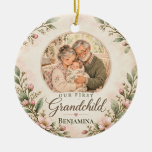 Adorno De Cerámica Nuestro Primer Nieto Regalo Floral de Foto con Rub