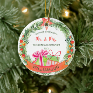 Adorno De Cerámica Nuestro primer Sr. Navidad y la Sra.   Wreath de B