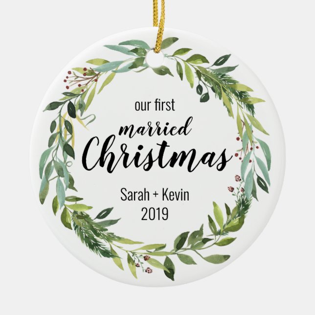Adorno De Cerámica Nuestros primeros Navidades casados personalizable (Frente)
