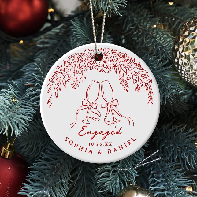 Adorno De Cerámica Nuestros Primeros Navidades Comprometidos Alegres  (Red Whimsical Cheers Our First Christmas Engaged Ceramic Ornament)