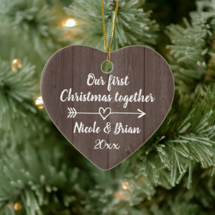 Adorno De Cerámica Nuestros primeros Navidades juntos de madera marró
