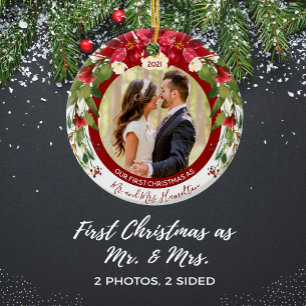 Adorno De Cerámica Nuestros primeros Navidades Sr. Mrs Photo Poinsett