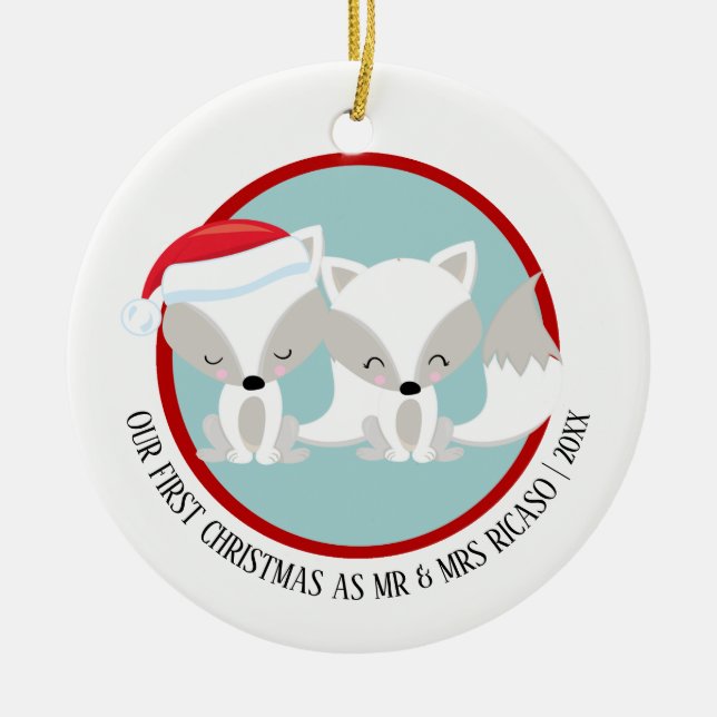 Adorno De Cerámica Nuestros primeros zorros del Ártico navideño perso (Frente)