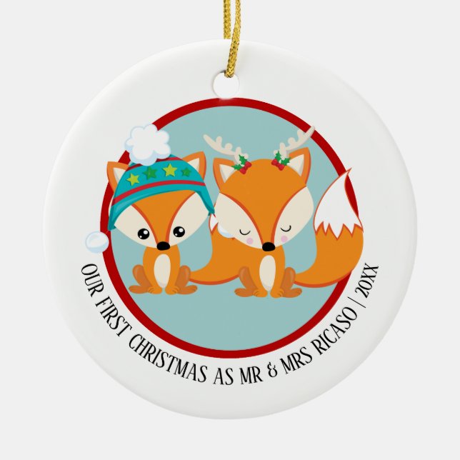 Adorno De Cerámica Nuestros primeros zorros rojos de Navidad personal (Frente)