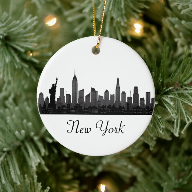 Adorno De Cerámica Nueva York Skyline Silhouette Black Elegant Script (Árbol)