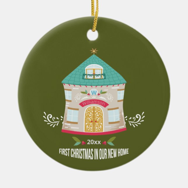 Adorno De Cerámica Nuevo hogar Whimsical Green First Christmas (Frente)