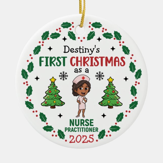 Adorno De Cerámica Nurse Practitioner First Christmas Custom Name (Frente)