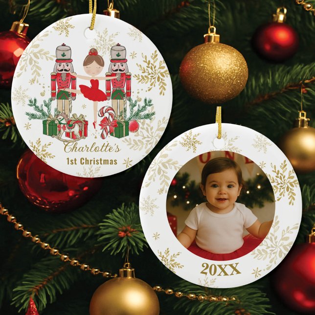 Adorno De Cerámica Nutcracker Ballet Red 1st Christmas Baby Photo (Subido por el creador)