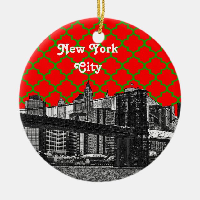 Adorno De Cerámica NYC Brooklyn Bridge Red Grn Quatrefoil Xmas (Frente)