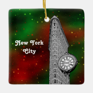 Adorno De Cerámica NYC Flatiron Building Red Grn Starry Xmas
