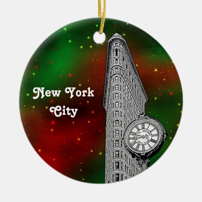 Adorno De Cerámica NYC Flatiron Building Red Grn Starry Xmas (Frente)