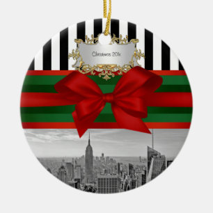 Adorno De Cerámica NYC Skyline Empire St Bldg Xmas Blk Whp Strp #2R