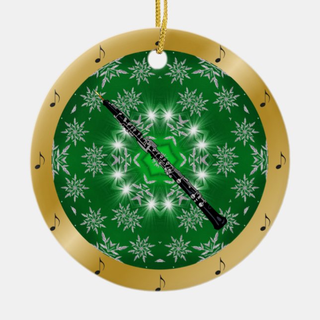 Adorno De Cerámica Oboe ~ Plata ~ Verde ~ Oro ~ Navidades ~ (Frente)
