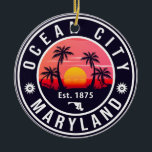 Adorno De Cerámica Ocean City Maryland Retro Sunset Souvenirs 60<br><div class="desc">El diseño de Ocean City, Maryland, es un gran Navidad o regalo de cumpleaños para los amantes de las playas de Ocean City y la costa del pacífico. El bonito diseño de las vibraciones de verano es un regalo perfecto para los amantes de los viajes y de los destinos tropicales....</div>