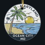 Adorno De Cerámica Ocean City Maryland Vintage<br><div class="desc">Ilustracion hecho a mano por Ocean City con palmeras y olas al fondo. Perfecto para todo aquel que ame visitar Ocean City.</div>