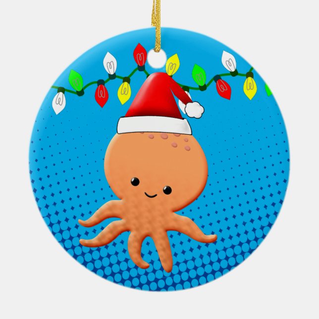 Adorno De Cerámica Octopus Personalizado lindo Navidades Santa Hat (Atrás)