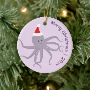 Adorno De Cerámica Octopus Santa Purple Feliz Navidad