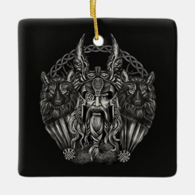 Adorno De Cerámica Odin y sus lobos Geri y Freki (Anverso)