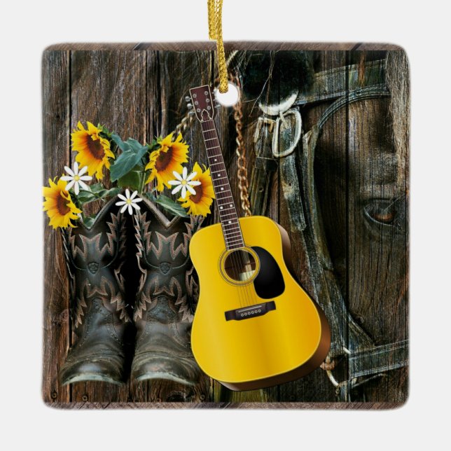 Adorno De Cerámica Oeste de Caballo Bostaza Guitarra girasoles (Anverso)