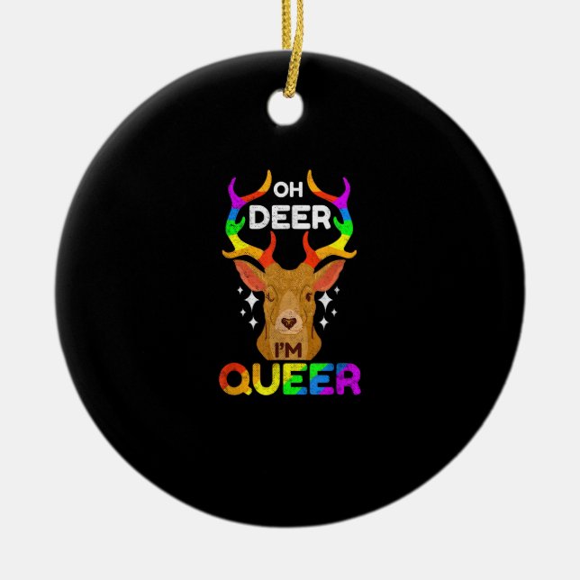 Adorno De Cerámica Oh Deer Queer Funny LGBTQ Pride Awareness Ornament (Frente)