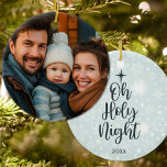 Adorno De Cerámica Oh Personalizado de la noche sagrada Navidades de<br><div class="desc">Este ornamento religioso personalizado de Navidad de Oh Holy Night presenta un ambiente sereno, suave y azul adornado con delicados copos de nieve, que evoca una pacífica noche de invierno. El elegante guión adornado con una estrella Navidad celebra la temporada sagrada y puede ser personalizado con el año en curso....</div>