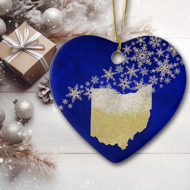 Adorno De Cerámica Ohio Heart con copo de nieve de oro azul (Subido por el creador)