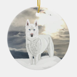 Adorno De Cerámica Ojo azul, Husky blanco, en nieve