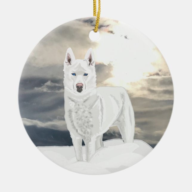 Adorno De Cerámica Ojo azul, Husky blanco, en nieve (Frente)