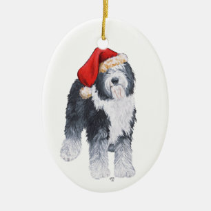 Adorno De Cerámica Old English Sheepdog Gorro de Santa