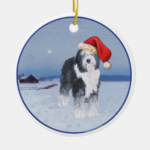 Adorno De Cerámica Old English Sheepdog Gorro de Santa