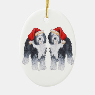 Adorno De Cerámica Old English Sheepdog Santa Hat
