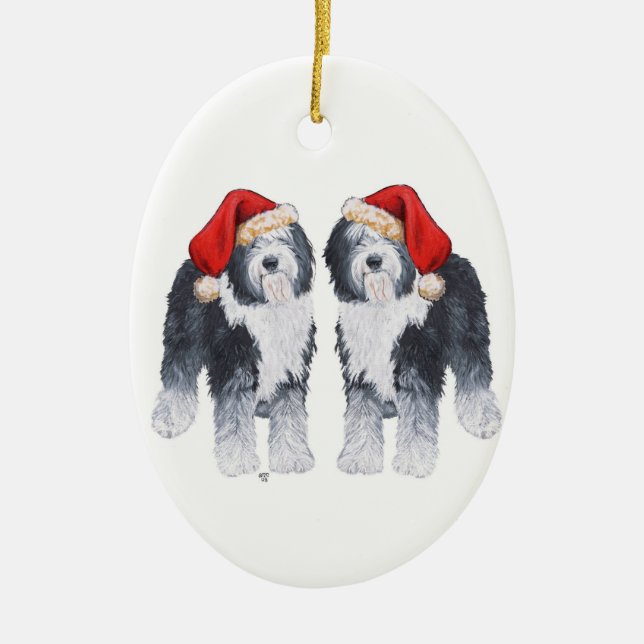 Adorno De Cerámica Old English Sheepdog Santa Hat (Frente)