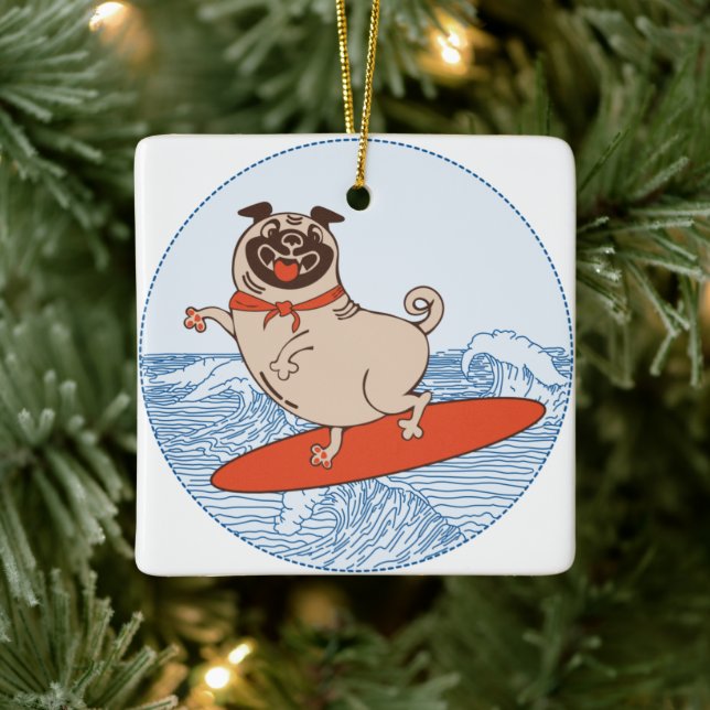 Adorno De Cerámica Onda montando perro de cerdo feliz en la tabla de  (Árbol)