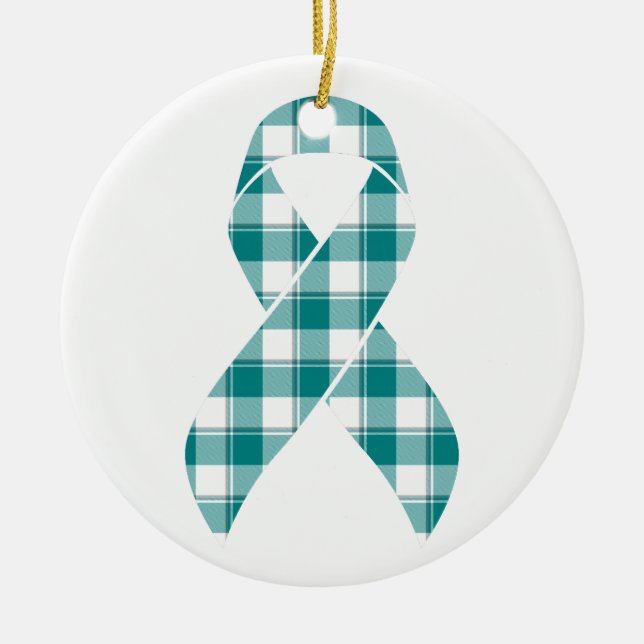 Adorno De Cerámica Oral Cancer Awareness Plaid Teal Ribbon (Frente)