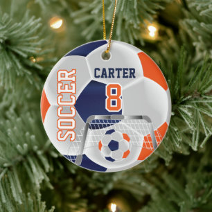 Adorno De Cerámica Orange, White & Dark Blue Personalize Soccer  ⚽