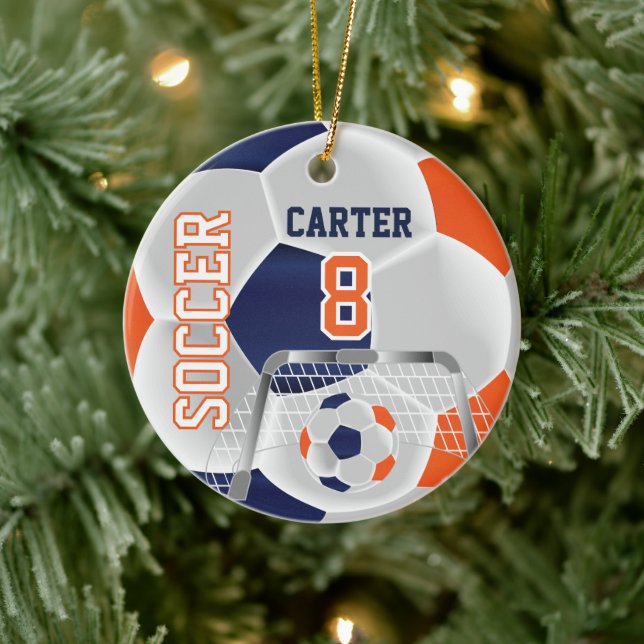 Adorno De Cerámica Orange, White & Dark Blue Personalize Soccer  ⚽ (Árbol)