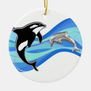 Adorno De Cerámica Orca y delfín en las ondas