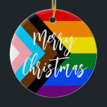 Adorno De Cerámica Orgullo LGBT: Navidades personalizados del arcoiri<br><div class="desc">Un hermoso diseño de adorno navideño con el progreso orgullo LGBT personalizado foto colores de la bandera arcoiris. Muestra tu amor con este hermoso adorno de Navidad LGBT. Personalizar con su foto,  nombres y fecha.</div>